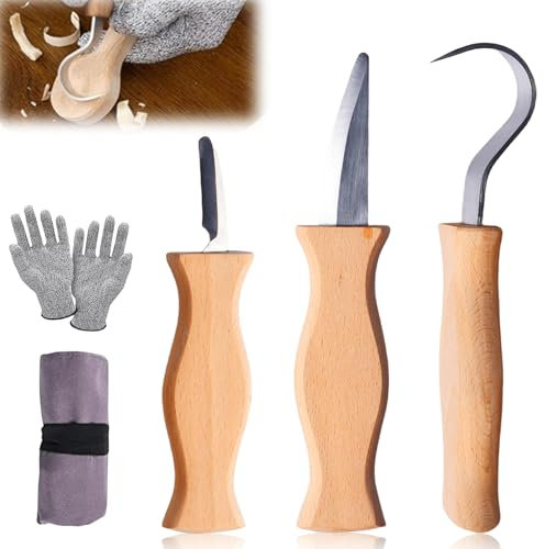 GOMETY Schnitzmesser Kinder Set Ab 6 Jahre, Hochwertiges Kindermesser Schnitzset Inkl Schnittfeste Handschuhe, Kinderschnitzmesser Set Mit Filztasche, Geschenkset Für Erwachsene Und Kinder, Anfänger