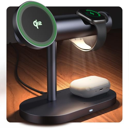 iVANKY Qi2-zertifizierte 4 in 1 Ladestation Stand mit Nachtlamp, Induktive Kabellose Ladegerät für Magsafe Wireless Charger 3 in 1 Schnellladung für iPhone Apple iWatch AirPods(33W PD-Lader dabei)