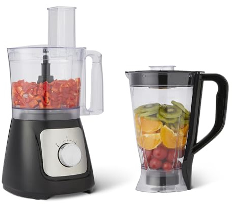 Amazon Basics Robot culinaire et fouet à 2 vitesses, bol de 2,4 litres et carafe de 1,5 litre, 800 W, noir