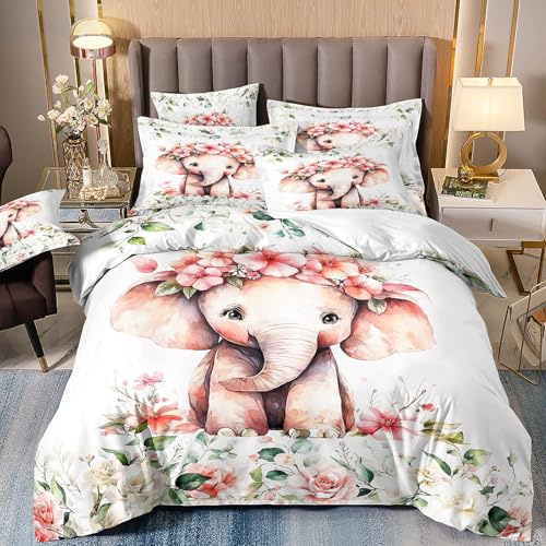 VOGIAY Bettwäsche 135x200, Elefant und Floral Drucken Muster Kind Bettwäsche Set, Jungs Mädchen Cartoon Tier Bettbezug aus Mikrofaser mit 1 Kissenbezug 80x80 Dekor Bettdeckenbezug