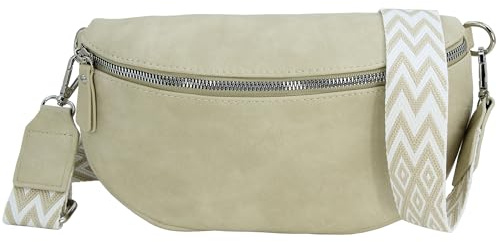Jennifer Jones - Damen Bauchtasche mit modernem breitem Gurt | Crossbody Bag, Gürteltasche, Handtasche, Hüfttasche, Umhängetasche - Beige