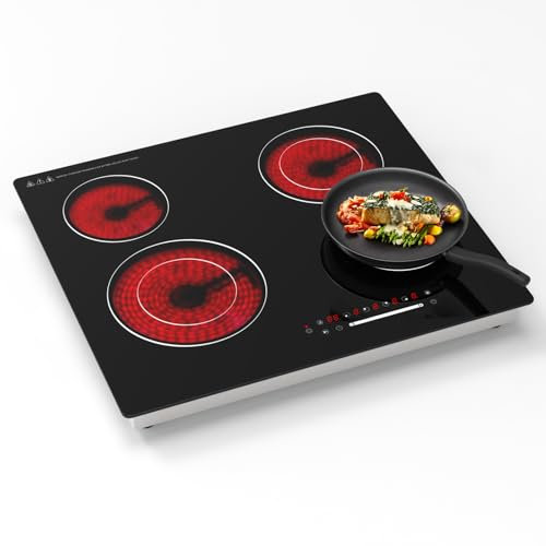 Gveyajo 60cm Ceramic Hob, Built-in 4 Zone Electric Hob 6300W, Touch Control Black Glass Hob with Timer, Child Lock & All Cookware Compatible, Hardwired Connection