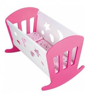 Lit a Bascule en Bois 49x37x35cm, Rose et Blanc - pour Poupon et Poupee - Berceau - Accessoire, mobilier - Set Jouet Fille + Carte