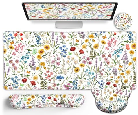 LIMKRIAN Floral Mouse Pad Set Large Desk Mat for Desktop, Ergonomic Mouse Pad with Gel Wrist Rest for Gaming, Computer Keyboard Mat Wrist Support Cup Coaster Set, Women Office Desk Accessories Decor