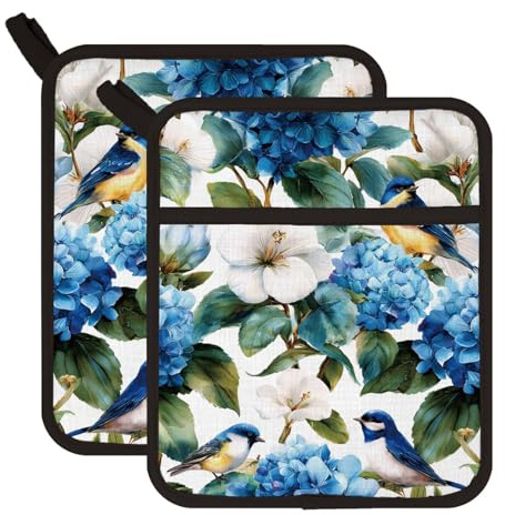FREEBLOSS 2 Pcs Pot Holder 100% Cotton Heat Resistant Square Potholders Oven Hot Pads for Kitchen Baking Cooking Mitts, Blue Hydrangea Flowers Bird Pattern 7.9 x 9.4/20 x 24cm