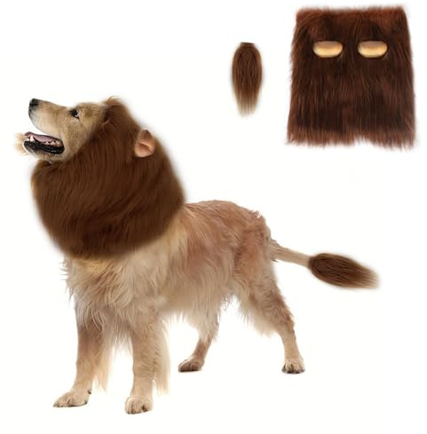 yolzhxe Löwenmähne Hund, Hundekostüm Löwenmähne Hund mit Ohren, Schwanz, L | Verstellbarer Braun Löwenperücke für Halloween, Weihnachts und Cosplay Partys Usw