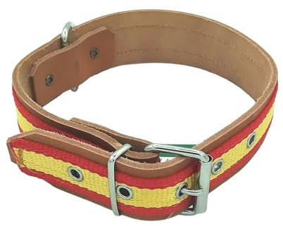 Collar de Perro de Piel Vaqueta y Nylon con Bandera España, 55 cm x 4 cm, Marrón y Rojo-Amarillo