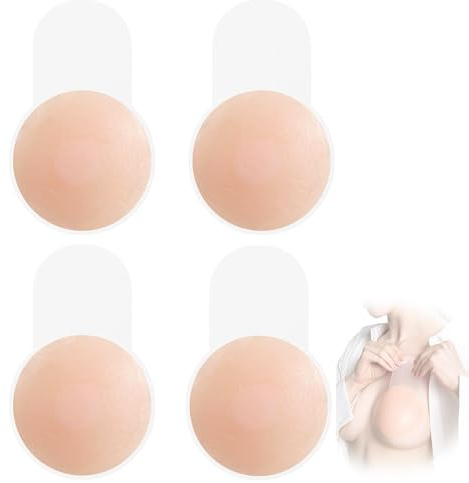 KuuKee 2 Pairs Silicone Nipple Covers with Lift - Reusable Stick on Bra，Invisible Bra for Women Backless Dress,Nipple Pasties for Party Dress Beige