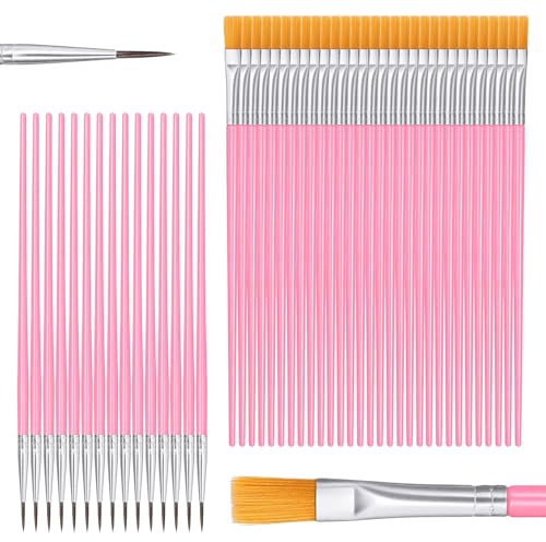 Small Pink Paint Brushes Bulk 60 Pcs Flat & Round Acrylic Paint Brushes Set Nylon Hair Paints Brush Paints Brush for Craft Acrylic Painting Oil Watercolor Canvas Face Painting
