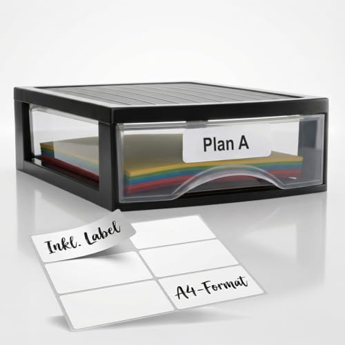 Hausfelder Schubladenbox A4, 1 Schublade, inkl. Aufkleber | Schubladenturm Box aus Kunststoff für Schreibtisch, Büro, Kleiderschrank, Ablage Organizer Schwarz Transparent
