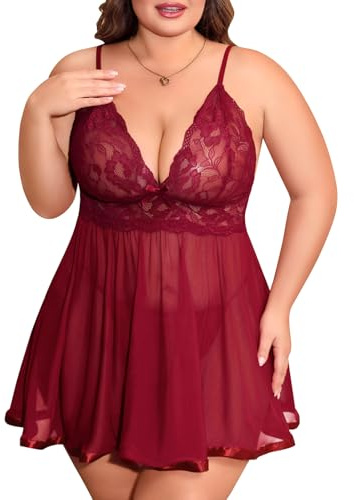 UMIPUBO Sexiga damunderkläder set nattkläder underkläder plus storlek underkläder spets pyjamas babydoll V-ringad klänning och string Xl-4XL