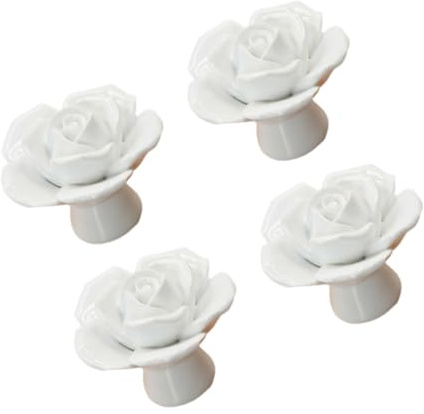 GALPADA Lot de 4 Poignées de Tiroir en Céramique Blanche en Forme de Rose, Boutons de Meuble Décoratifs pour Armoire, Placard et Commode, Poignées de Tirage Élégantes, Accessoires