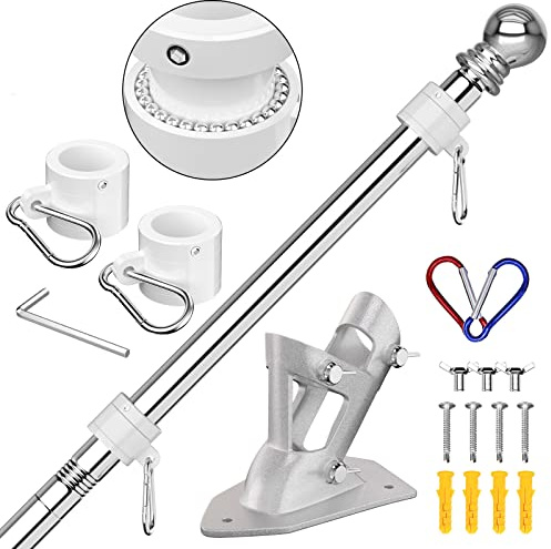 ZMTECH Flag Pole Kit, 7FT Wall Mounted Flagpole with Bracket, 210cm Stainless Steel Tangle Free Flag Pole Holder for House(Without Flag, Silver)