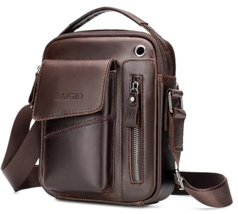 BAIGIO Umhängetasche Herren Leder Schultertasche Vintage Crossbody Bag Messenger Herrentasche zum Umhängen Ledertasche Männer Tasche mit Verstellbarem Gurt für Business Arbeit Reise, Kaffee