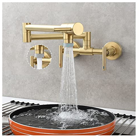 Kitchen Sink Tap, Brass Pot Filler Faucet 2 Holes Wall Mount Folding Kitchen Hot and Cold Mixer 3 Handles Tap(Gold 2 Function)