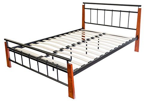Homestyle4u 610, Metallbett 160 x 200 Mit Lattenrost, Bettgestell Metall, Pfosten Holz Braun