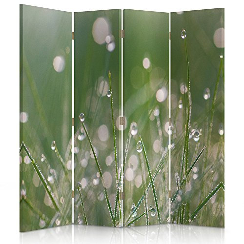 Feeby Paravent Tautropfen 145x180 cm 4 Teilig Modern Design beidseitig Raumteiler Wandschirme Foto Trennwand Raumtrenner Sichtschutz Spanische Wand auf Leinwand Bedruckt Gras Grün Weiß