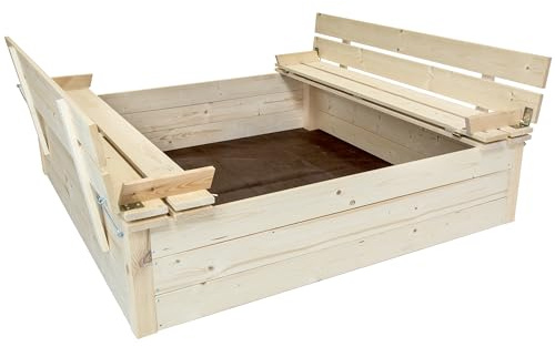 CHARLES BENTLEY Kids, Children, Outdoor, Square, FSC Wood, Sand Pit, Box Play, Durable Wood, Garden, Patio, Creative, Exercise, Easy Assembly, Storage Space For Toys, Two Benches (124x124x29cm)
