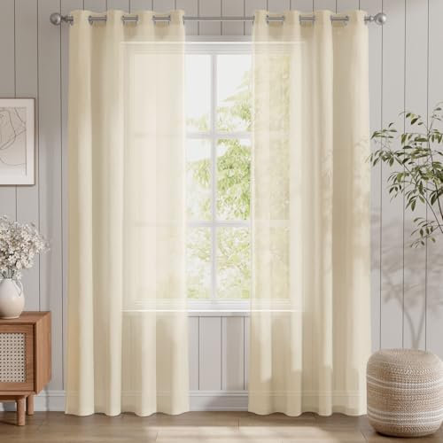 TOPICK Voile Vorhang Mit Ösen Sheer Vorhänge Transparent Gardine Gaze Paarig Ösenschals für Wohnzimmer Schlafzimmer 245 cm x 140 cm(HxB) 2er - Set Hell Beige