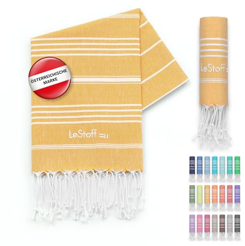 LeStoff Premium Hamamtuch 50 x 100 cm – 100% Bio-Baumwolle, Vorgewaschen, Nachhaltig, Leicht, Kompakt, Saugstark & Schnelltrocknend - Handtuch für Bad, Gäste, Gesicht, Sport, Reise, Camping (Gelb)