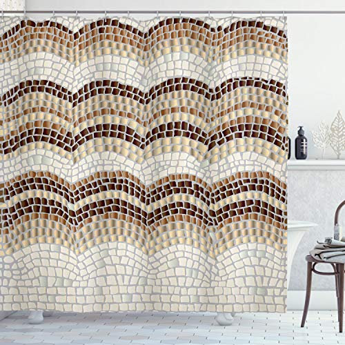 ABAKUHAUS Jahrgang Duschvorhang, Antike Mosaik-Effekt, Stoffliches Gewebe Badezimmerdekorationsset mit Haken, 175 x 180 cm, Beige Tan Brown