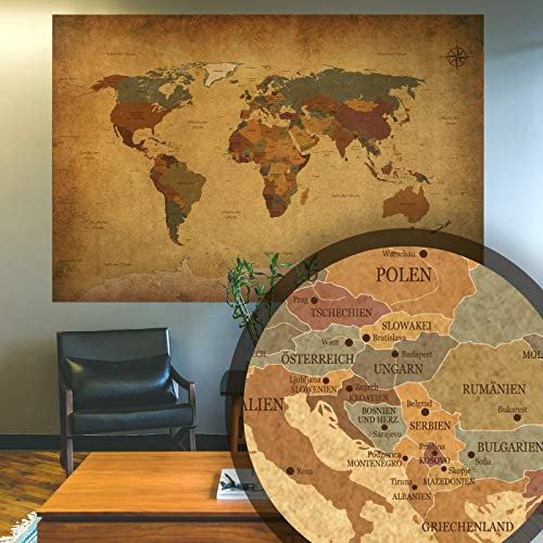 BilderKing Alte Retro Weltkarte antik als XXL Wand-Poster in Deutsch 210x140 groß im Vintage Used Look - Perfekte Großformat Deko für die Wand als Atlas Map Geograpfie Weltkugel