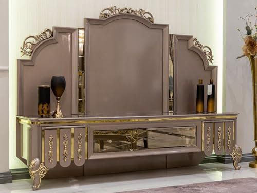Casa Padrino Luxus Barock TV Schrank Schwarz/Grau/Gold 214 x 52 x H. 164 cm - Massivholz Schrank - Wohnzimmerschrank - Edel & Prunkvoll
