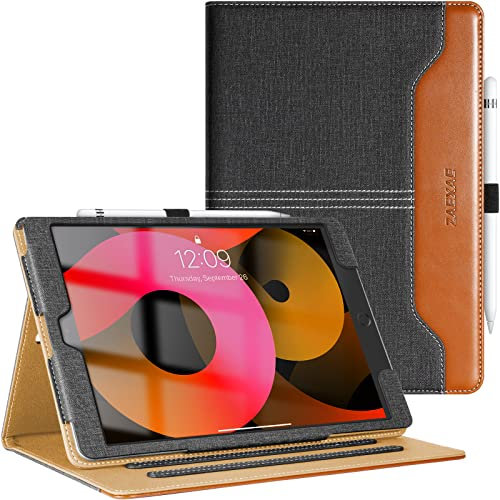 ZAEXAE Hülle für iPad 10,2 Zoll 9. / 8. / 7. Generation 2021/2020/2019 mit Auto Schlaf/Wach Pencil Halter, Ständer, Ledertasche Schutzhülle Smart Cover für iPad 10.2 Leder Case, Denim Schwarz/Braun