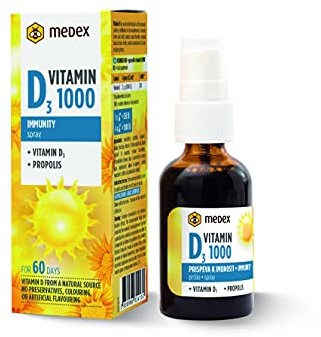 Medex Vitamin D3 1000 IU Mundspray, 4 Sprühstöße täglich, mit Bienenpropolis, natürlicher Zitronengeschmack, wasserlöslich, kein Öl, 60 Tage Anwendung, 30 ml