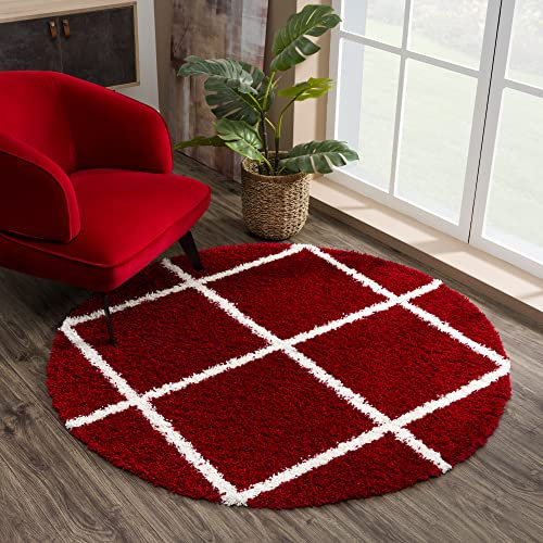 SANAT Madrid Shaggy Teppich Rund - Hochflor Teppiche für Wohnzimmer, Schlafzimmer, Küche - Rot, Größe: 120 cm