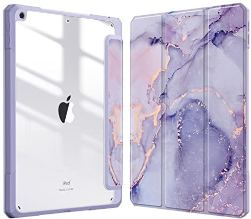 Fintie Hybrid Hülle für 10.2 Zoll iPad 9. Generation 2021/8. Gen 2020/7. Gen 2019 mit Stifthalter - Stoßfeste Schutzhülle mit transparenter Hartschale auf der Rückseite, Lila Marmor