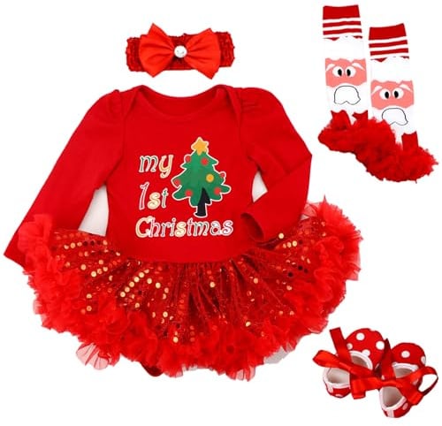 Tenue de Premier Noël pour bébé Fille Barboteuse Tutu Jupe de Noël avec Chaussures Bandeau et jambières