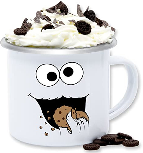 Emaille Tasse Blechtasse - Karneval & Fasching - Tassen - Keks Monster I Krümelmonster I Cookie Monster - 300 ml - Weiß Silber - fasching- auge carnevale kekz karnevals keke faschings kekse