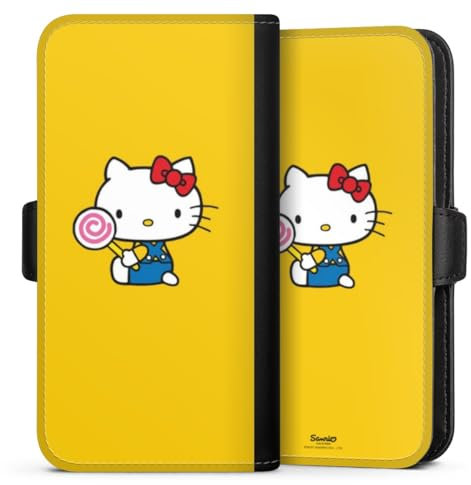 Flip Case kompatibel mit Apple iPhone 13 Handyhülle aus Kunst Leder schwarz Klapphülle Hello Kitty Cartoon Fanartikel