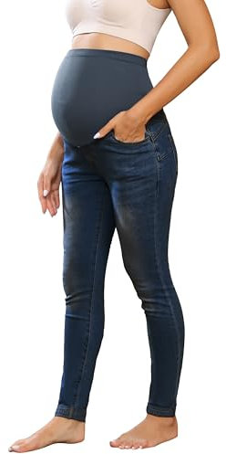 Maacie Pantalon de maternité en jean extensible - Taille haute - Pour femme enceinte, Bleu denim foncé avec ourlets roulés, L