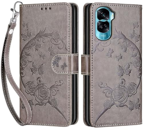 Cover per Honor 90 Lite / X50i 5G custodia portafoglio Farfalla Grigio | 3 scomparti carte, 1 tasca banconote, Chiusura magnetica, Supporto, Pelle PU flip cover per Honor 90 Lite
