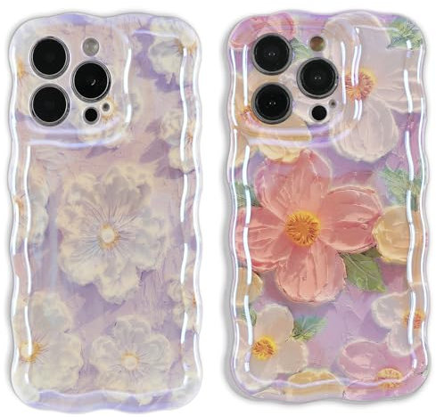 ZhuoFan 2 Stück Handyhülle für iPhone 12 Pro Max 6,7'' Hülle, Ölgemälde Blume Aesthetic Glitzer Weich Schutzhülle, Soft Silikon Case Stoßfeste Painting Flowers Mädchen Silikon Case, Violett