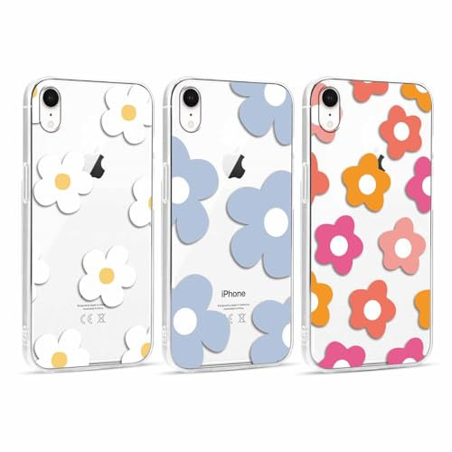 Foonary 3 Stück Transparent Hülle für Apple iPhone XR 6,1, Handyhülle mit Muster Mädchen Aesthetic Blumen Muster Motiv Design Case, Silikon Stoßfest Schutzhülle Cover für iPhone XR,Blumen04