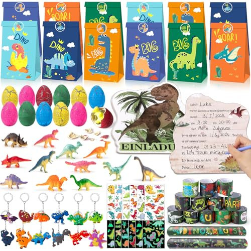 G.C 84 Stück Dinosaurier Party Mitgebsel Kindergeburtstag Gastgeschenke Junge Dino Einladungskarten Dino Eier Figuren Armband Leuchtende Tattoo Geschenktüte Dino Pinata Füllung Mitbringsel Kinder