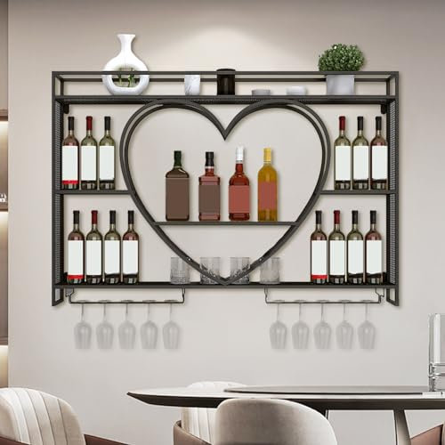 XNKLPY Porte-Bouteilles Muraux Industriel avec Porte-Verre, avec Cloisons Présentoir à Vin Métal Étagères de Rangement, Meuble Rangement Salon Salle à Manger Organisateur Cuisine(Size:120,Color:Noir)