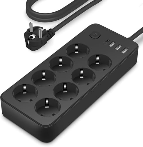 MBQYT Regletas Enchufes, Regleta USB 8 Tomas de AC y 4 USB Enchufe Multiple (5V2,4A),Regleta Enchufes Proteccion Sobretension, 1.8M Regreltas Vertical con Interruptor para Mesa, Oficia, Casa, Negro