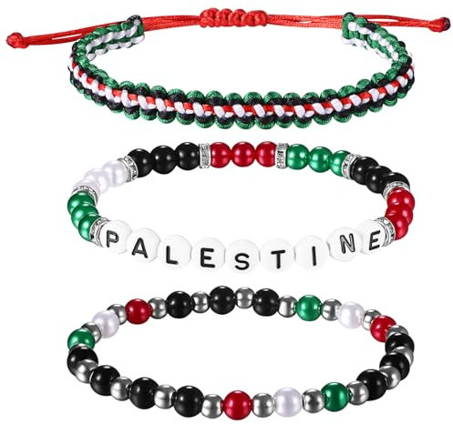 Cupimatch Palestine Flag Freedom Bracelet: Hand Woven Bracelets Palestine Alphabet National Pride Protection Luck Bracelet Gift Bohemian Style Beaded Rope Men Women Bracelets Adjustable 3 Piece Set