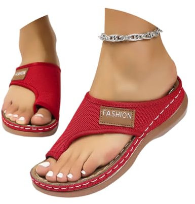 Minetom Sandales Plates Femme Été Hallux Valgus Tongs Confortable Maille Nu Pieds Bout Ouvert Chaussures Vintage Orthopédiques Pantoufles De Plage Vacances Slippers A Rouge 40 EU