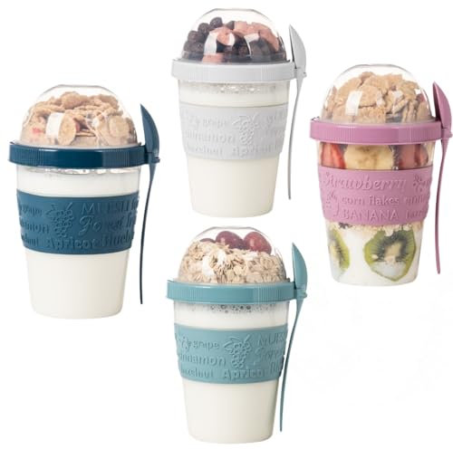 SECEL 4 tazas de yogur para parfait para desayunar sobre la marcha, recipientes de plástico reutilizables con tapas y cucharas, taza de yogur para llevar y llevar con cobertura de cereales o avena,