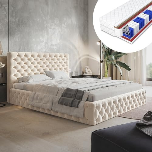 MOTIVENA Dalia Chesterfield Polsterbett 140x200 mit Bettkasten, Chesterfield Bett 140x200 mit Matratze und Lattenrost, Bett Kopfteil Samt, Matratze H3/H4, Bett Samt, Polsterbett 140x200 Beige Creme