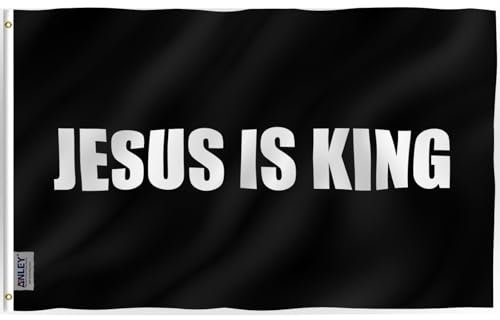 Drapeau Anley Fly Breeze 3x5 pieds Jésus est roi - résistantes à la décoloration - En-tête en toile et double couture - Drapeaux chrétiens blancs en polyester avec œillets en laiton(noir)