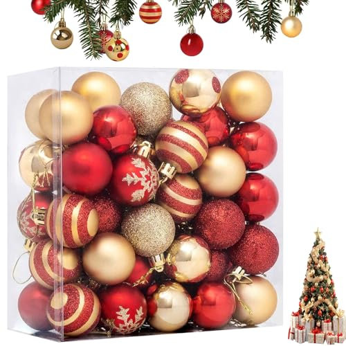 Palline di Natale 50 Pezzi Mini Palline Albero Natale Ø 4cm Ornamenti di Palla di Natale con Cordino Piccole Decorazioni di Palle di Albero di Natale Infrangibili (Rosso e oro)
