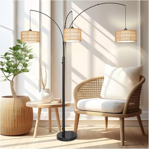 Stehlampe Wohnzimmer Gewölbte,Vntage Stehlampe mit Rattan Lampenschirm&Marmorsockel,Bogenlampe Wohnzimmer Groß,180 cm hoch LED Standleuchte mit 3 LED-Leuchtmittel für Schlafzimmer Büro Wohnzimmer