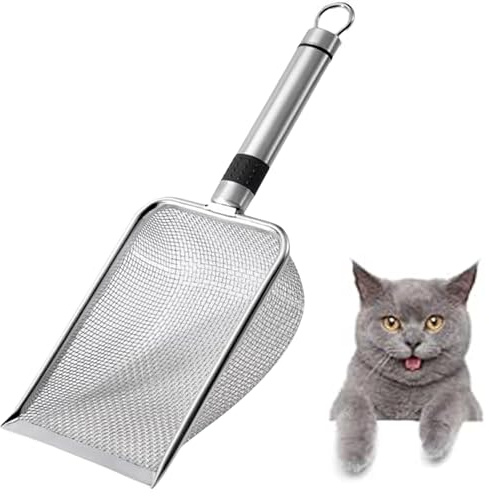 UQMIQURA Pala para gatos de acero inoxidable para caja de arena, 3,8 mm de tamaño de poro, pala de metal antiadherente, aleación de aluminio, pala para arena para gatos