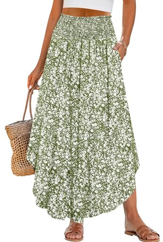 ANRABESS Women's Maxi Skirts Summer Boho Floral High Waisted Flowy Swing Pleated Beach Long Skirt with Pockets Green X-Large